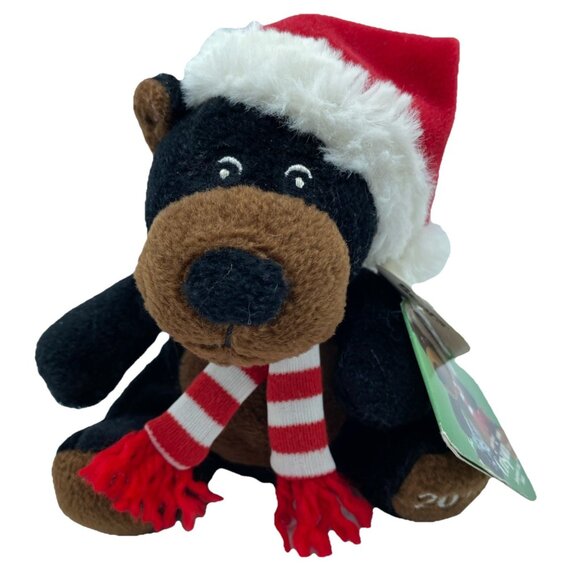 Sears Christmas Plush Beanbag Black Bear Santa Hat Striped Scarf 2010 Crispin - Picture 1 of 10